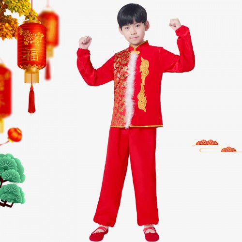 Chinese Dragon Drummer performance Costumes For Boys Girls Chinese New Year festive celebration performance clothes Tang Suit For kids Yangge waist drum dance suit